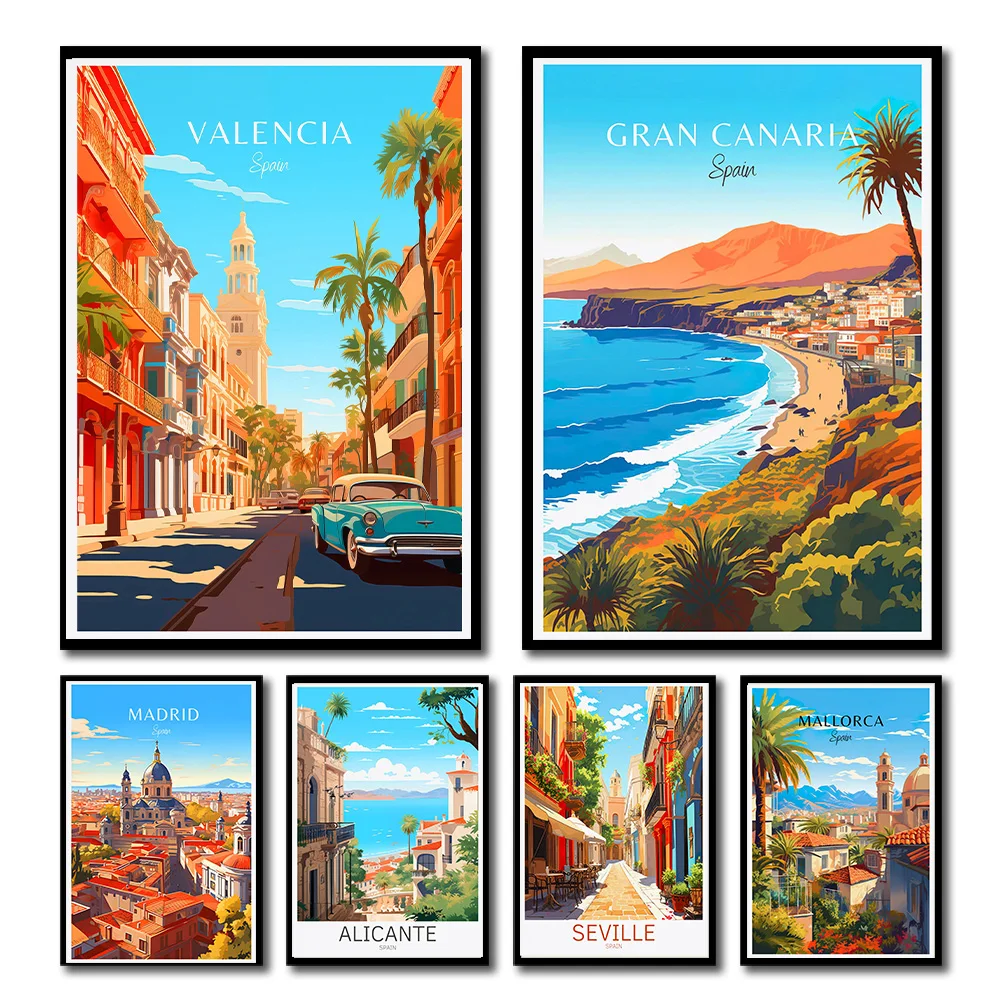 Póster de Viaje de España, pintura impresa en lienzo de paisaje de París, Gran Canaria, Barcelona, Madrid, Granada, arte de pared, imagen para habitación, decoración del hogar
