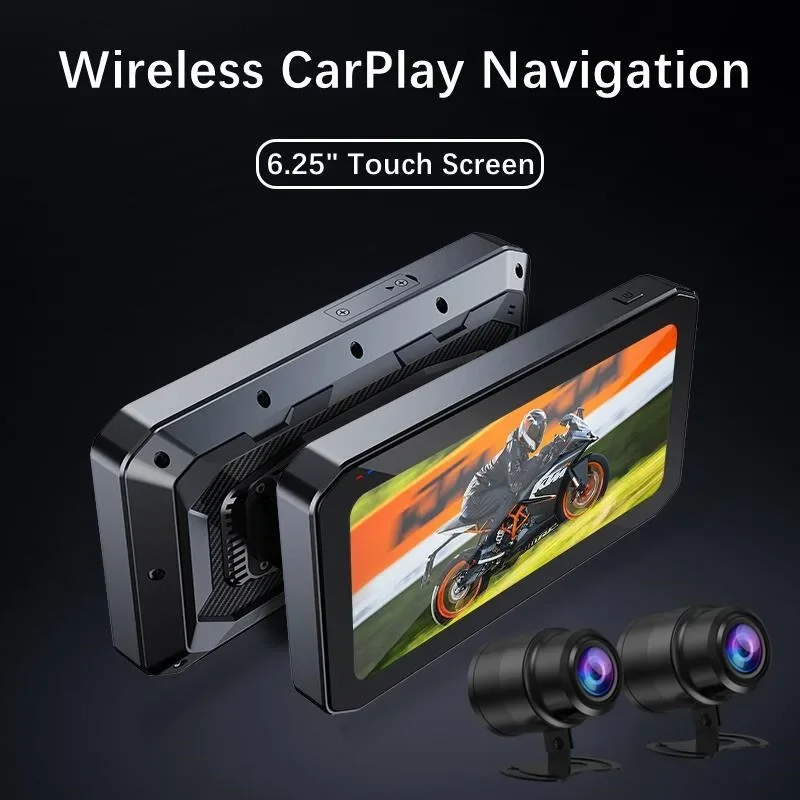 Dual Bluetooth Wireless CarPlay Android Auto Touchscreen for Motorcycle GPS Navigation IP65 Waterproof Front Rear Lens 6.25 In