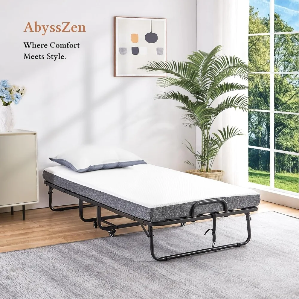 

Twin Size Folding Bed with Mattress, 75 x 38 Rollaway Guest Foldable for Adults, Portable Extra Bed with Memory Foam Mattress