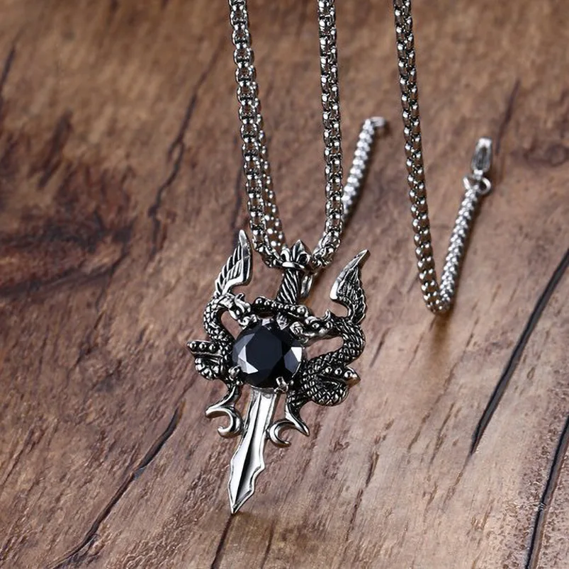 Double Dragon Red Stone Sword Cross Pendant Necklace For Men INS