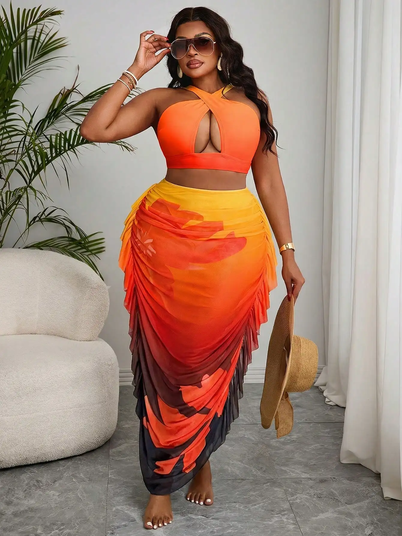 

Комплект бикини омбре больших размеров из двух частей с юбкой-накидкой с рюшами для летнего пляжного отдыха