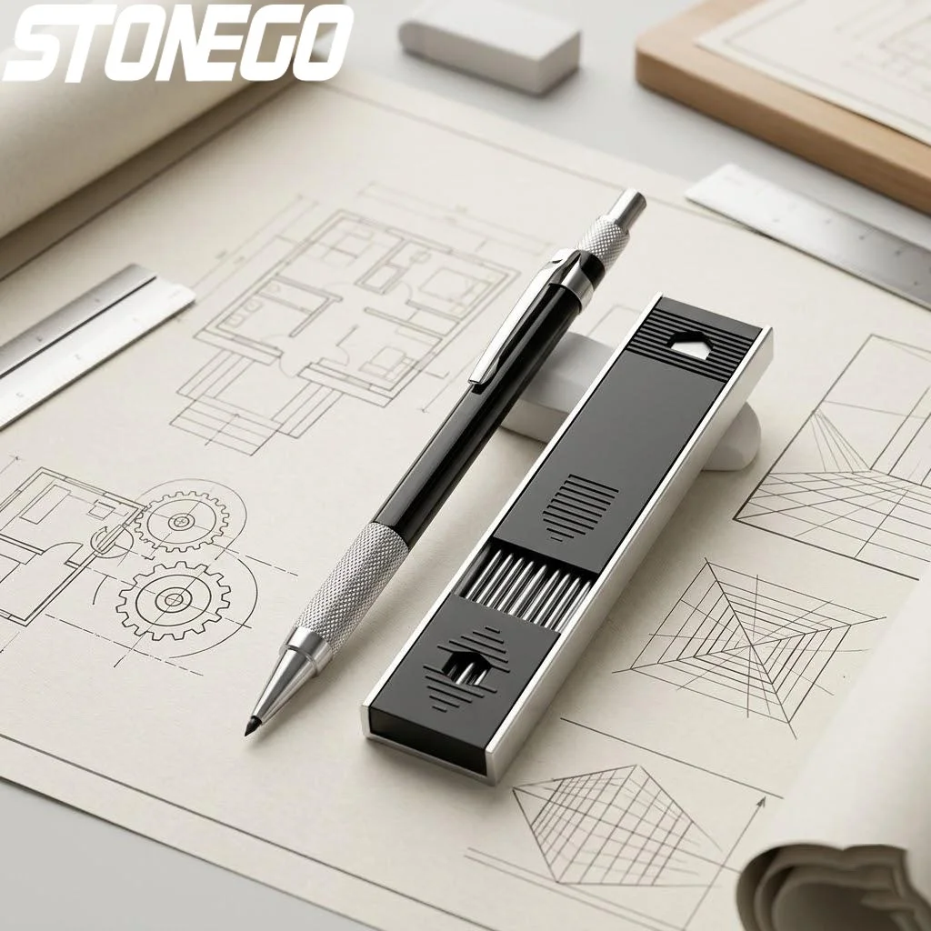 2mm Mechanical Pencil Set 2B Leads Included Drafting Drawing Stationery Metal Lead Holder 12 Refills