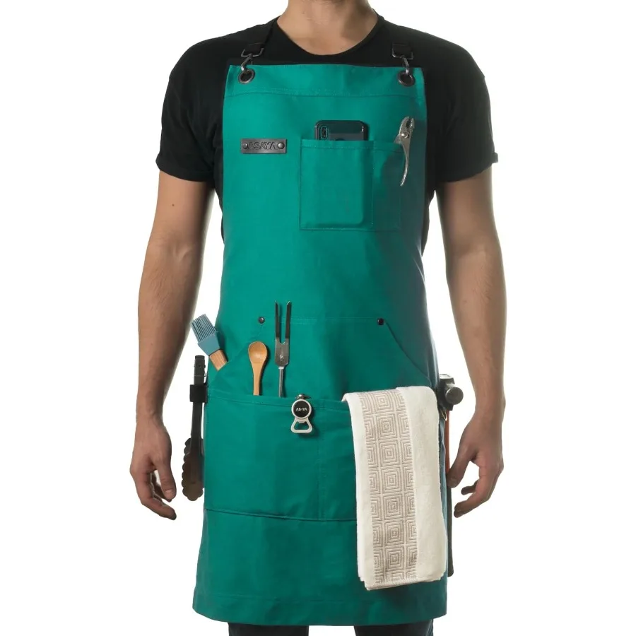 내구성 있는 10온스 면 캔버스 소재의 셰프 및 바베큐 앞치마 (내장 병따개 및 핸드 타올 수납 기능, 강화된 크로스 백 스트랩 포함)