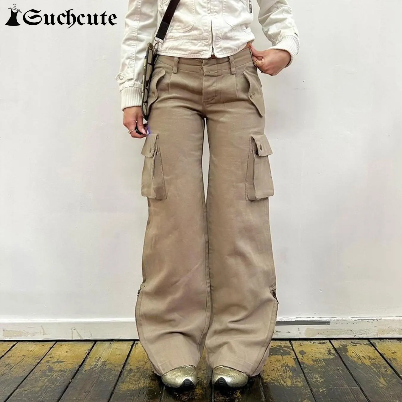 

SUCHCUTE Y2k Streetwear Khaki Flared Jeans Women Casual Low Rise Denim Cargo Pant Aesthetic 2000s Low Rise Trouser Harajuku 2025