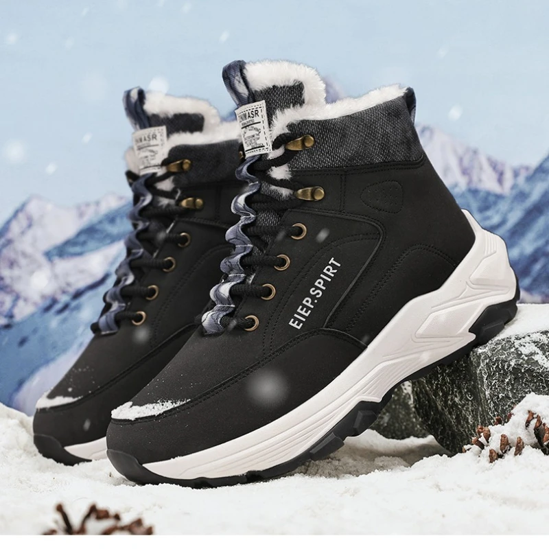 

New Winter Large-sized Fleece Fashionable and Warm Color-matched Round-toe Lace-up Anti-slip High-top Hiking Snow Boots