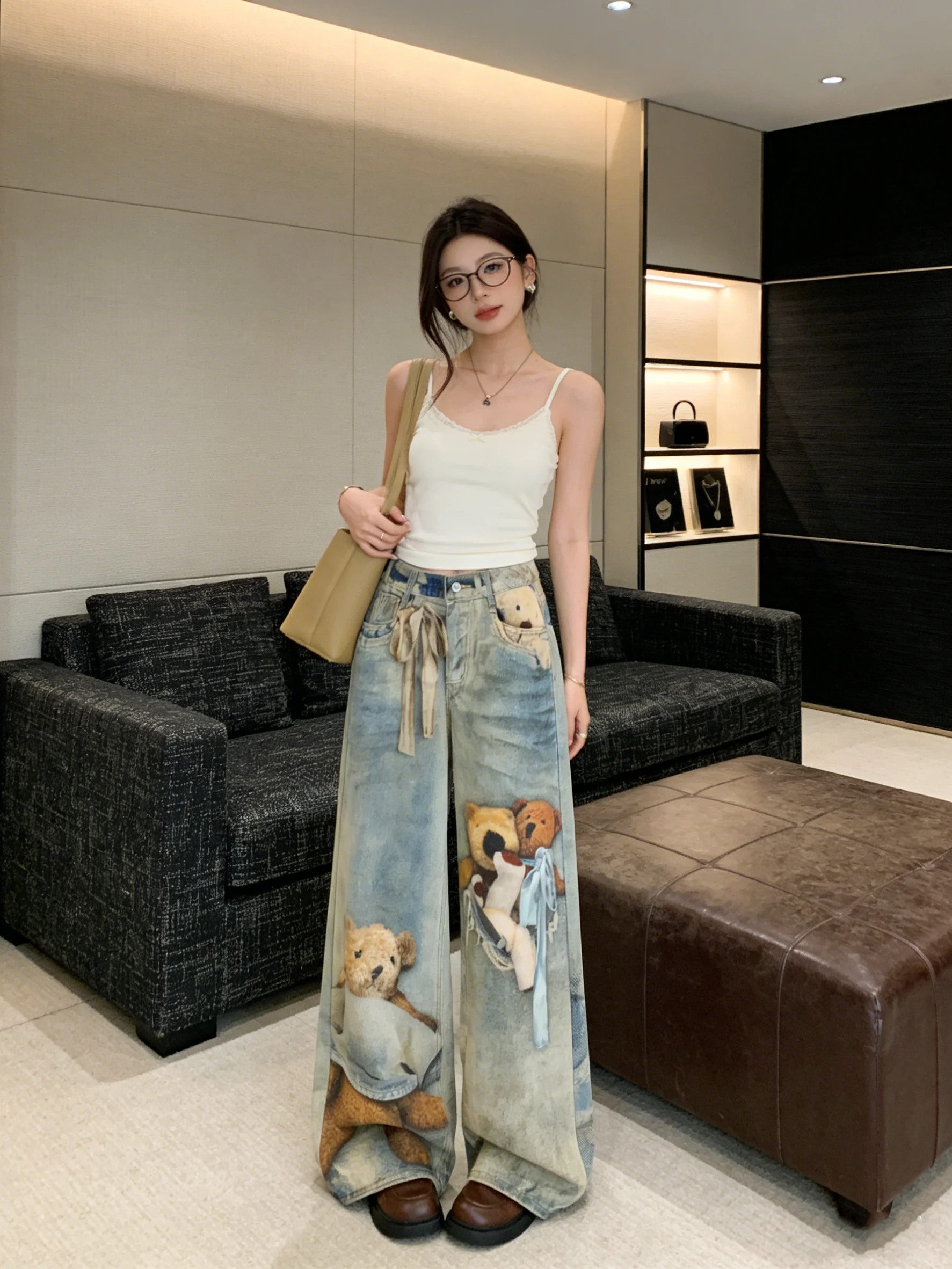 

High Waist Wide Leg Cartoon Bear Design Korean Style Casual Loose Jeans American Retro Spring Long Pants for Women