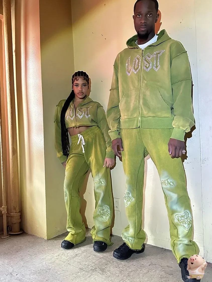 

Lost intricacy Green Rhinestone Sweatpants Men Women Trousers Diamond Oversized Jogger Drawstring Pants Soft fabric