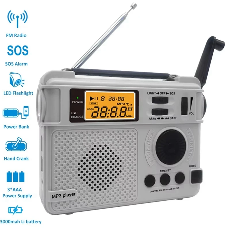

FM Radio Outdoor Hand Crank Emergency Radios Receiver 3000Mah Bluetooth Speaker Flashlight Support SOS Power Bank TF