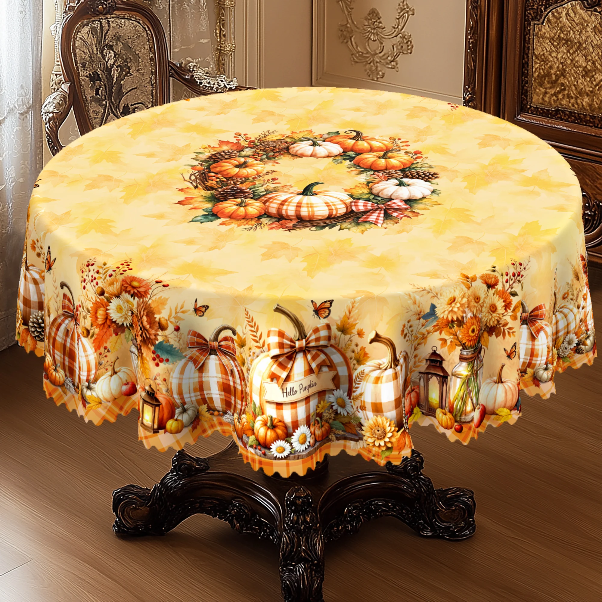 

GnizamaFall Autumn decoration Thanksgiving gift rectangular round tablecloth, checkered pumpkin pattern design, table decoration