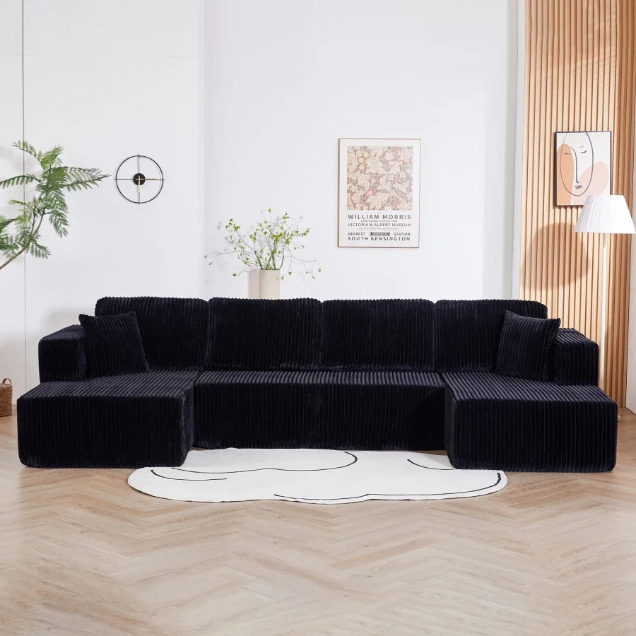 U shape Modular Sectional Sofa, Compressed Sectional Sofa Modern Minimalist Style Corduroy Couch, Sleeper Sofa for Living Room,