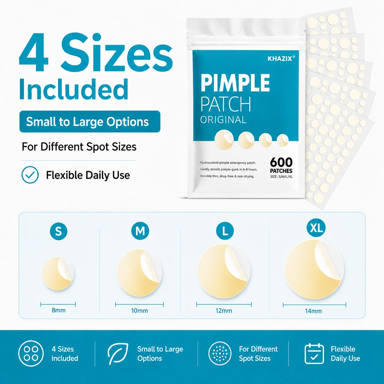 600pcs Hydrocolloid Acne Patches, KHAZIX Original Pimple Patch, Invisible Waterproof, Tea Tree, Overnight Acne Care for Teen