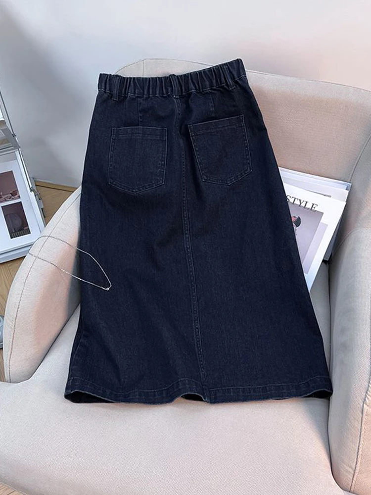 Retro Denim Skirt Women Summer New Elastic High Waisted Split A-line Mid Length Jean Skirt Fashion Rivet Double Pocket Skirts