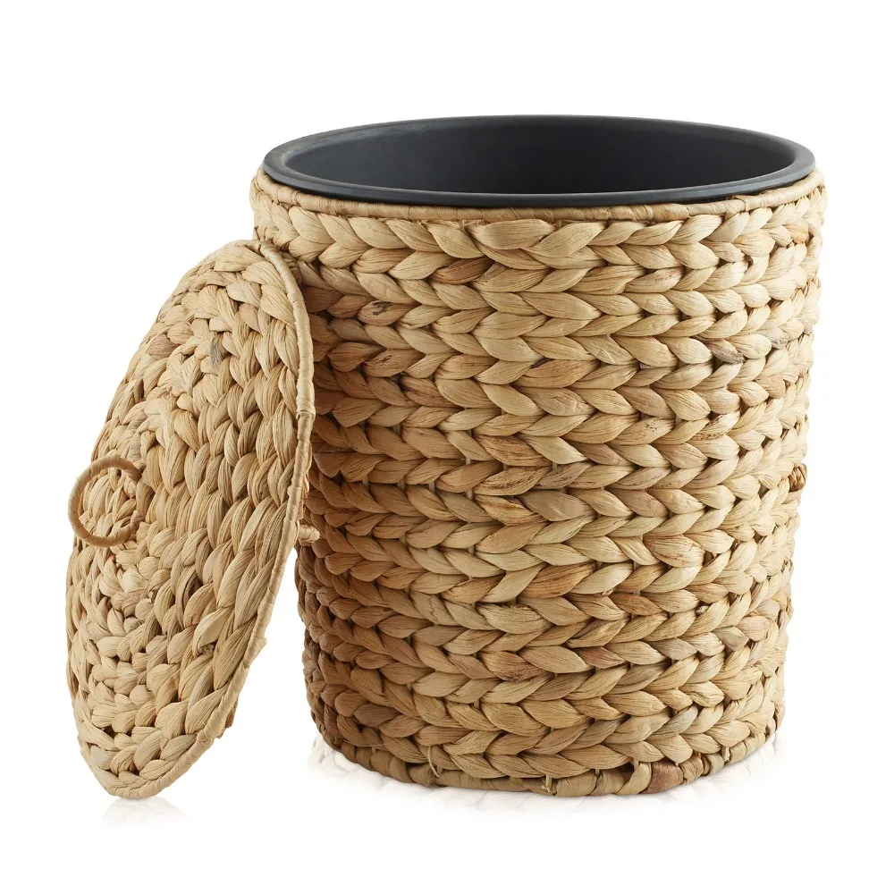 

Bathroom Trash Can with Lid - Natural, Small Woven Hyacinth Wicker Waste Basket