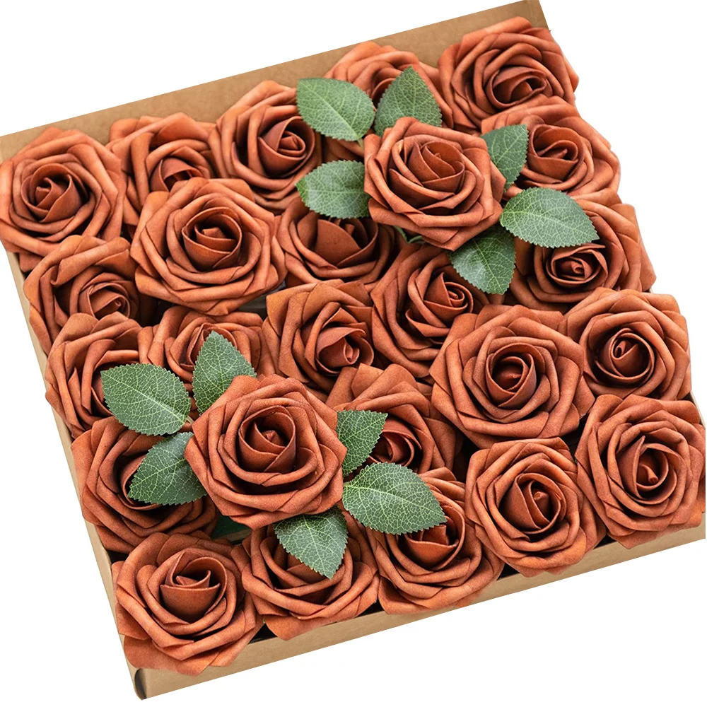 

D-Seven Artificial PE Foam Rose 25pcs/50pcs Burnt Orange Rose W/Stem for DIY Wedding Bouquet Cake Decor Centerpiece Arrangement