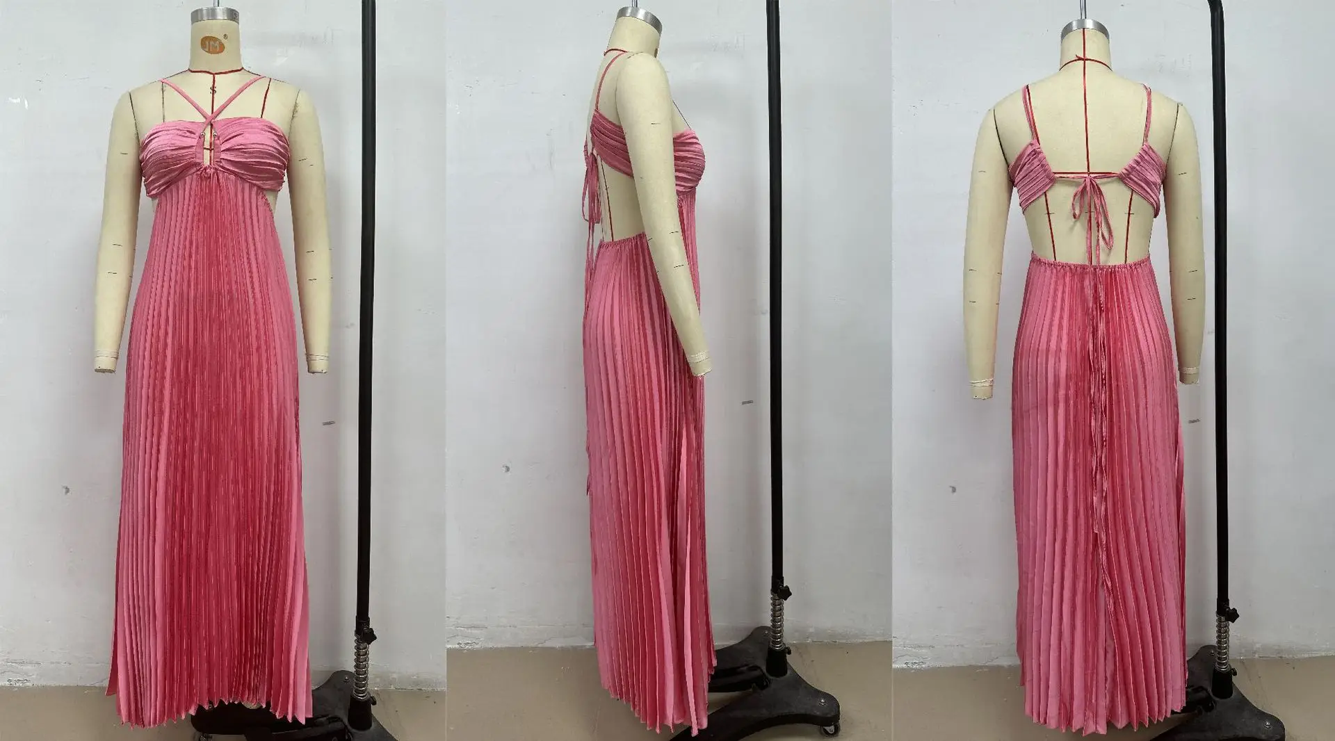 Blue Pleated Halter Long Dress Women's Solid Sleeveless Backless Lace-up Maxi Dress Summer Beach Vacation Evening Party Vestidos