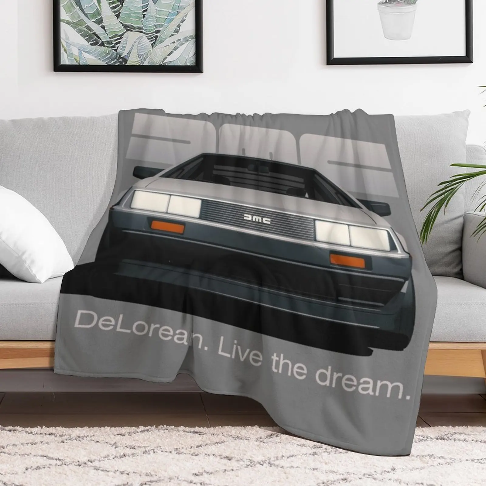 DeLorean DMC-12 cartoon retro style car front view with slogan Throw Blanket