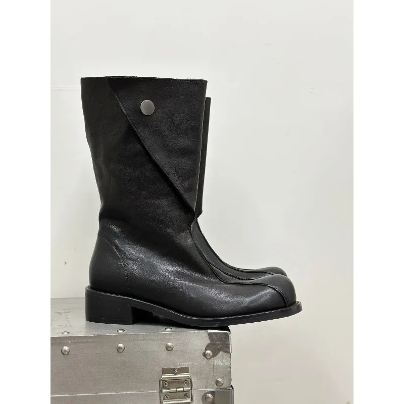 New Design Black Round Toe Premium Genuine Leather High Boots Women's Shoes Outdoor Fashion Chelsea Riding Knight Boots Female