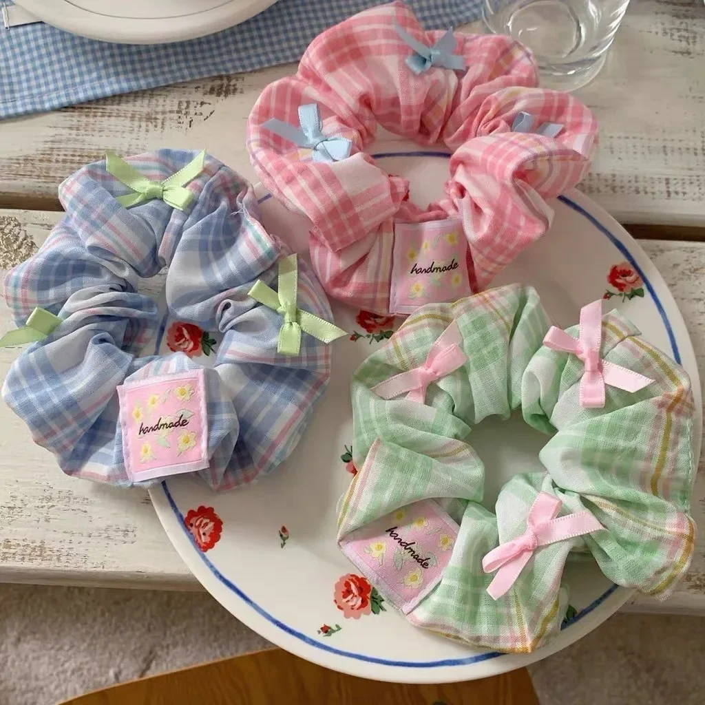 12cm Summer Beach Satin Ribbon Bows Hair Ties Ropes Plaid Fabric Large Scrunchies Kids Girls Ponytail Holder Sweet Headwear