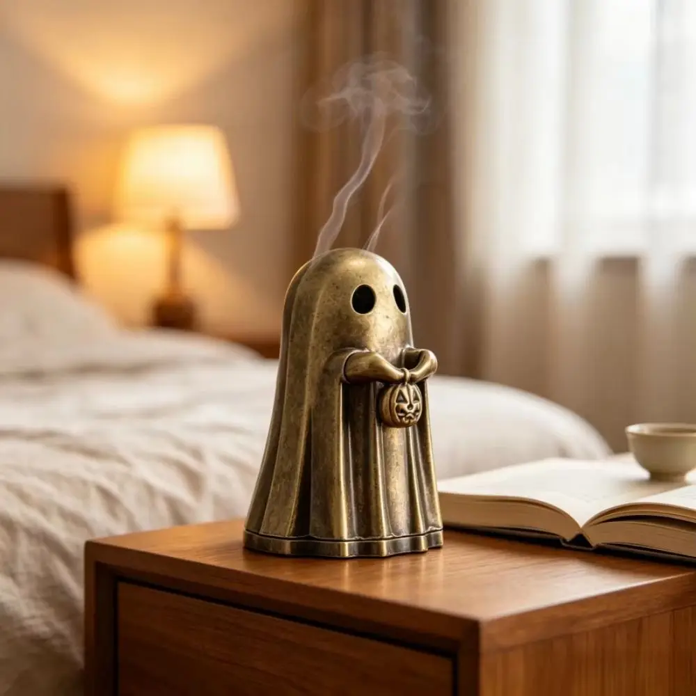 Zinc Alloy Pumpkin Ghost Incense Holder Bronze Cute Small Specter Incense Burner Decorative Hollow Out Ghost Statue Yoga