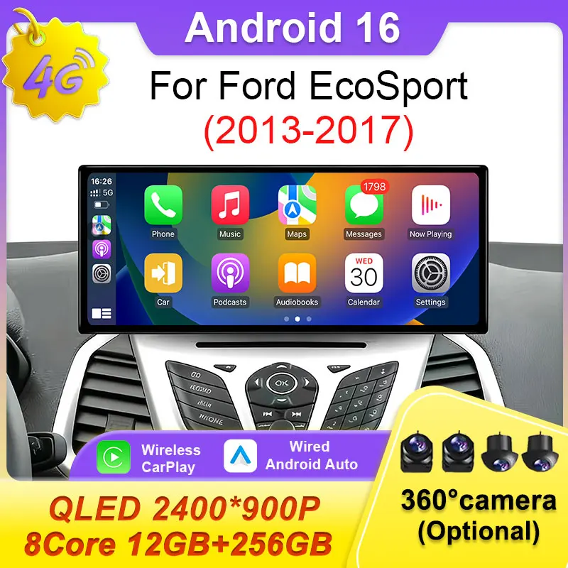 

12,3-дюймовый автомобильный мультимедийный центр с CarPlay и Android 16 для Ford EcoSport 2013-2017, навигация, разделенный экран, 2 DIN, 4G, Wi-Fi, Bluetooth, головное устройство