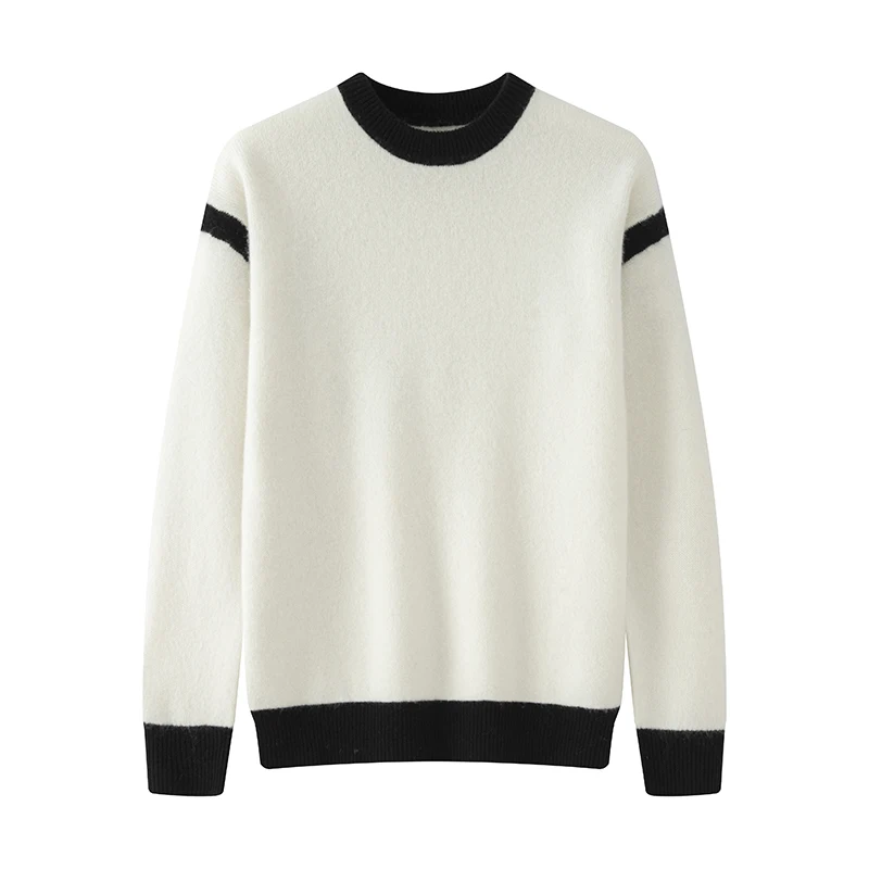 Autumn And Winter New 100% Pure Wool Men's Round Neck Sweater Color Matching Thick Fashion Cashmere Knit Bottoming Shirt