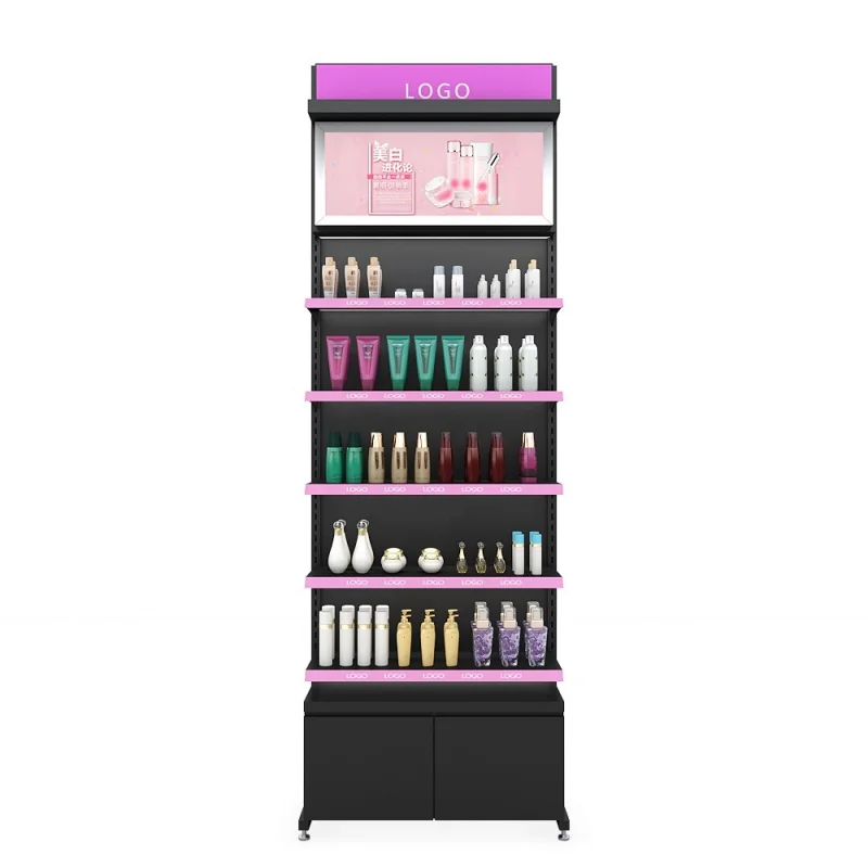 

Custom. Fashion beauty makeup design paint black metal shelf pusher cosmetics display for salon shops