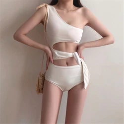 Women One Piece Swimsuit Single Shoulder Solid Swimwear Lace-up Hollow-out Swim Suit Korea Style Bathing Suit Padded Wire-free