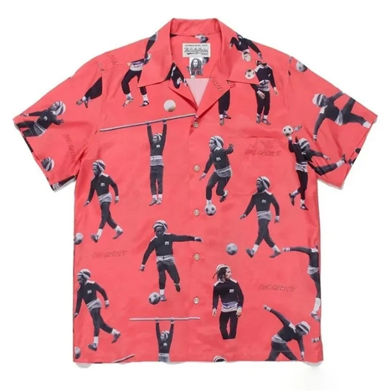 New Hip Hop Summer WACKO MARIA Football Character Pattern Print Mens Womens Hawaii Short Sleeve Shirt
