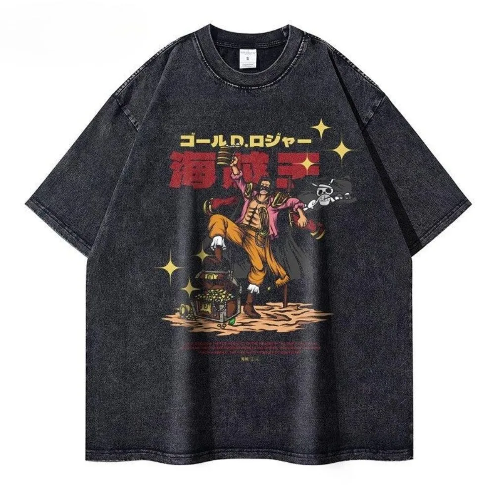 Męskie koszulki z krótkim rękawem One Piece Anime, postarzane, damskie koszulki oversize w stylu Harajuku, hip-hop, streetwear, odzież, topy