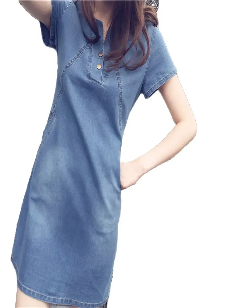 Sexy V Neck Loose Jean Cowboy Dress New Summer Women Short Sleeve Bodycon Denim Dresses Female A Line Bigsize Short Mini Vestido