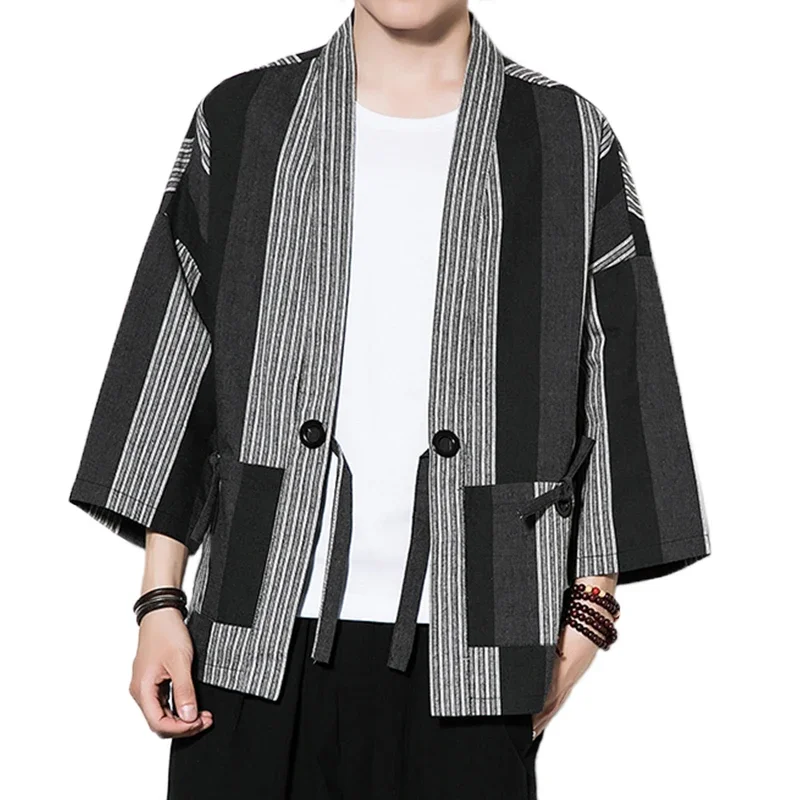 Vertical Black and Gray Stripe Men Kimono Shirt Three Quarter Sleeve 2025 Spring Summer Japan Style Cotton & Linen Mens Casual