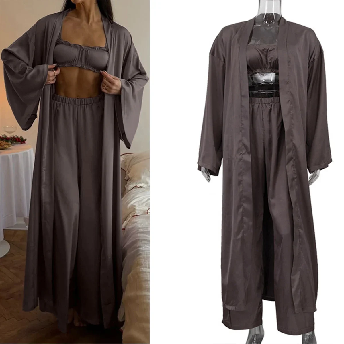 

Повседневная женская ночная рубашка, сексуальный халат с v-образным вырезом, ночная рубашка с длинными рукавами, майка, одежда для сна, брюки, свободная пижама, комплект из 3 предметов