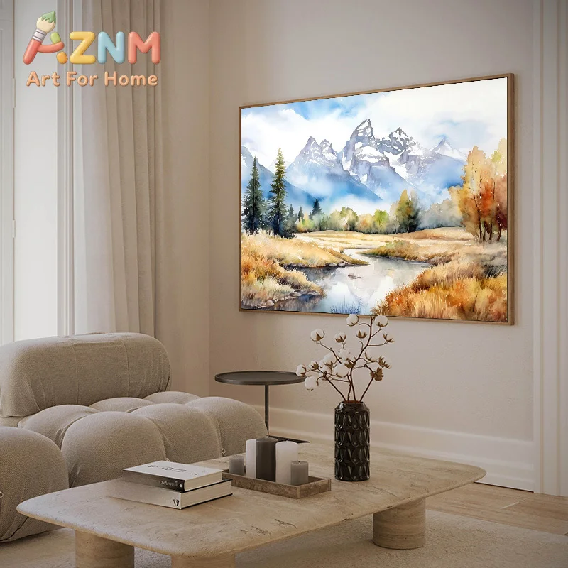 1pc frameless Canvas Painting Grand Teton National Park in The United States Travel Watercolor Poster Canvas Painting Modern Wal