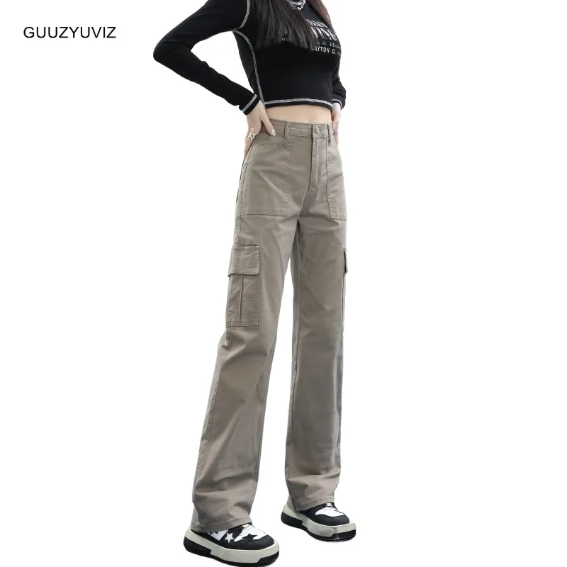 

GUUZYUVIZ Khaki Women's Cargo Pants 2023 Fashion Multiple Pockets Solid Casual Straight Trousers High Waist Green Jeans Woman