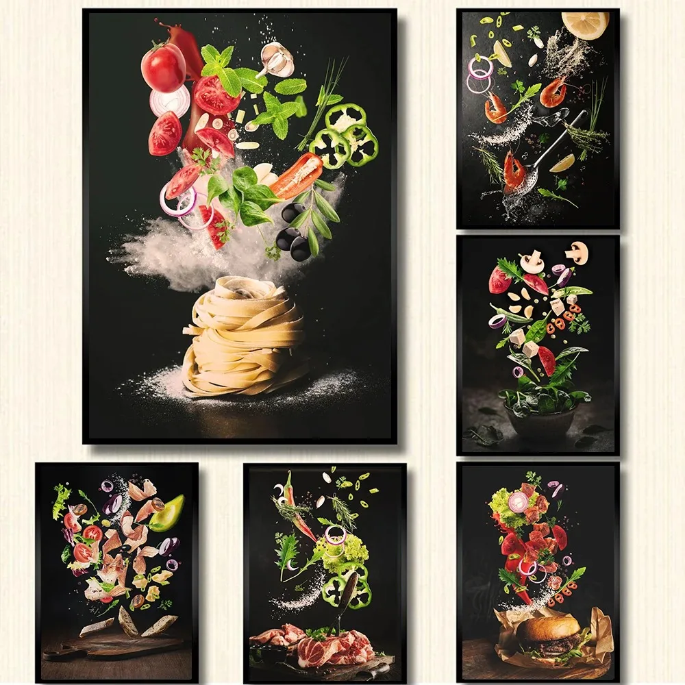 Pintura en lienzo de cocina sabrosa carne e ingredientes, Pasta, fideos, carteles de comida voladora, impresiones, arte de pared, imagen, decoración Interior de la habitación