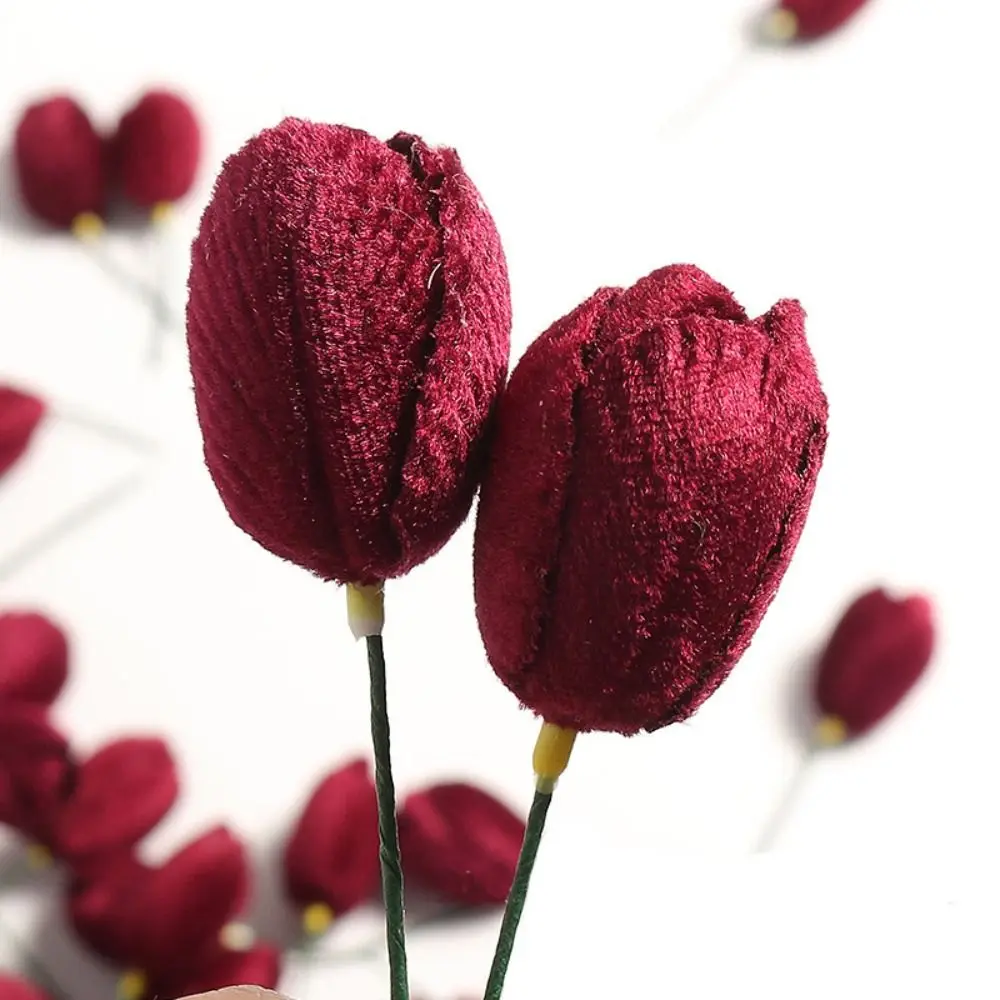 Bunga buatan Vintage, perlengkapan dekorasi pernikahan rumah, bunga Tulip beludru warna merah putih elegan, bunga imitasi Vintage 15 buah/set