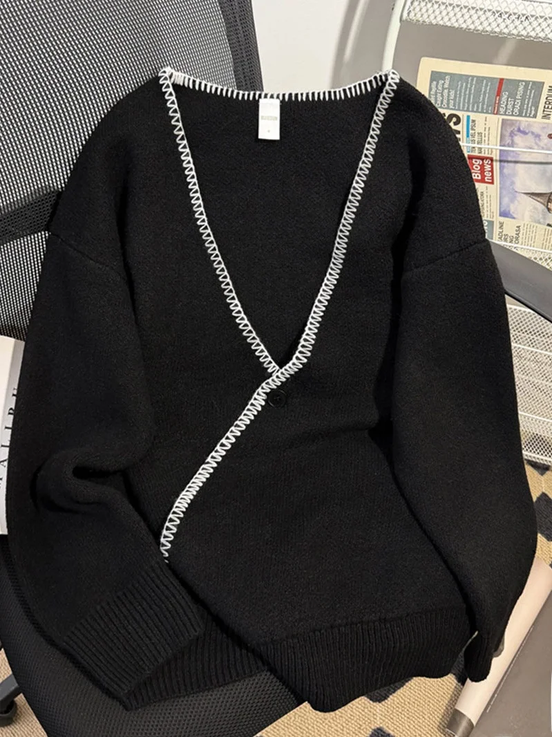 

Мужской свободный кардиган-свитер в японском стиле, с V-образным вырезом, вязаный, в стиле «ленивый шик», с цветными вставками