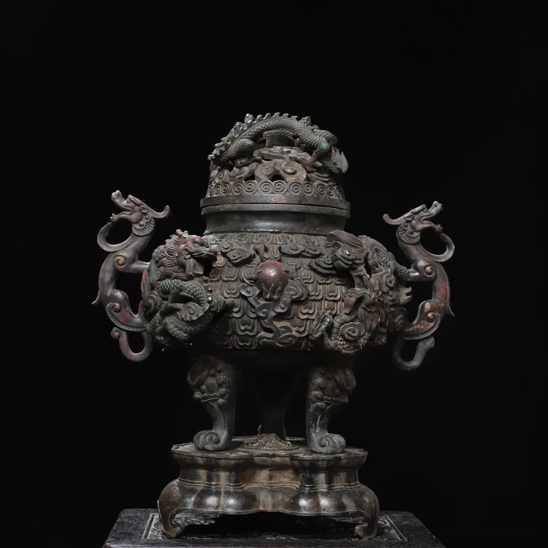 Old Bronze Cinnabar Gilded Nine Dragon Pattern Dragon Ear Three Legged Incense Burner Lotus base Amass wealth Ornaments