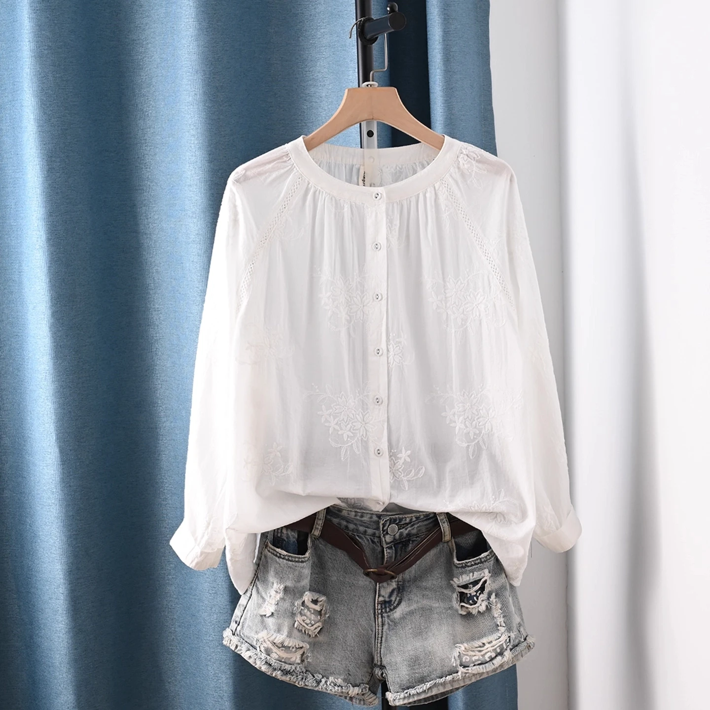 

Enianechu Elegant Youth Women's Blouses 100% Cotton White Navy Blue Embroider Hollow Out Shirts Boho Long Sleeve Blouses