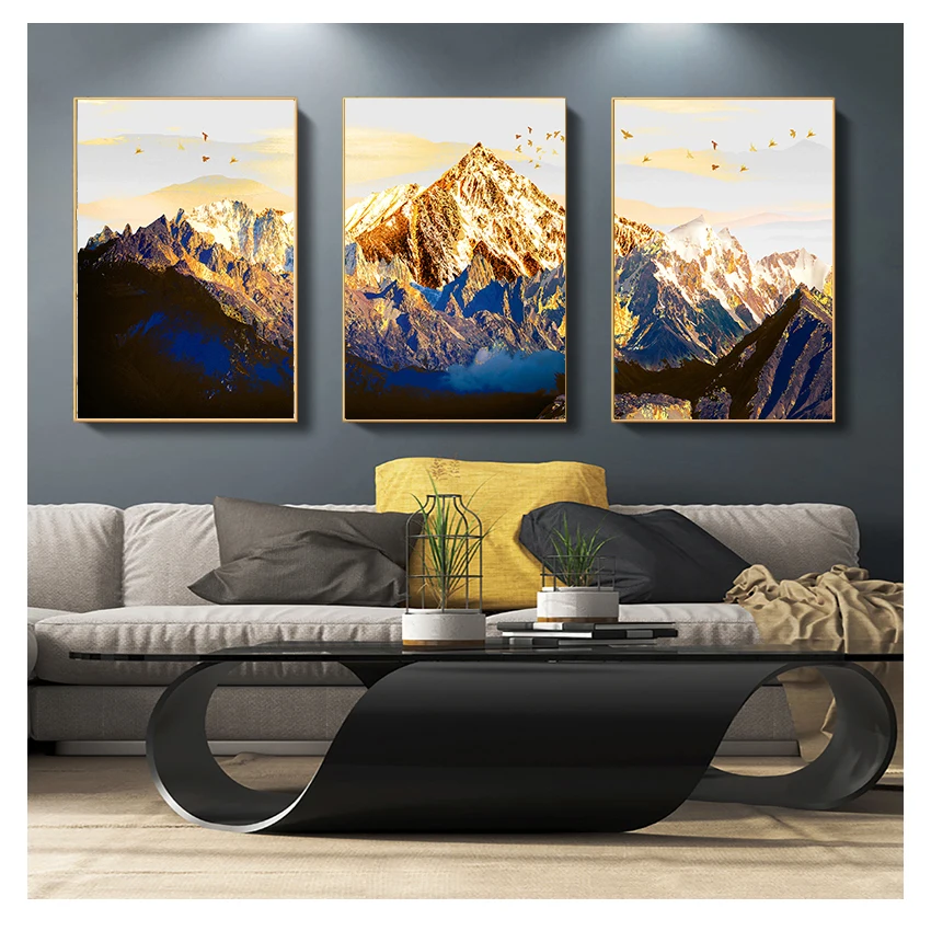 Landscape Map Canvas Painting Art Print Poster Picture Wall  Nordic Decorative Home Decor Golden Abstract Snow Mountain