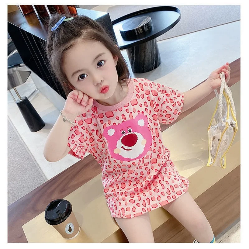 Summer New Girls' Pink Leopard Print Teddy Bear Short Sleeved Cool And Loose Round Neck Long T-shirt Dress