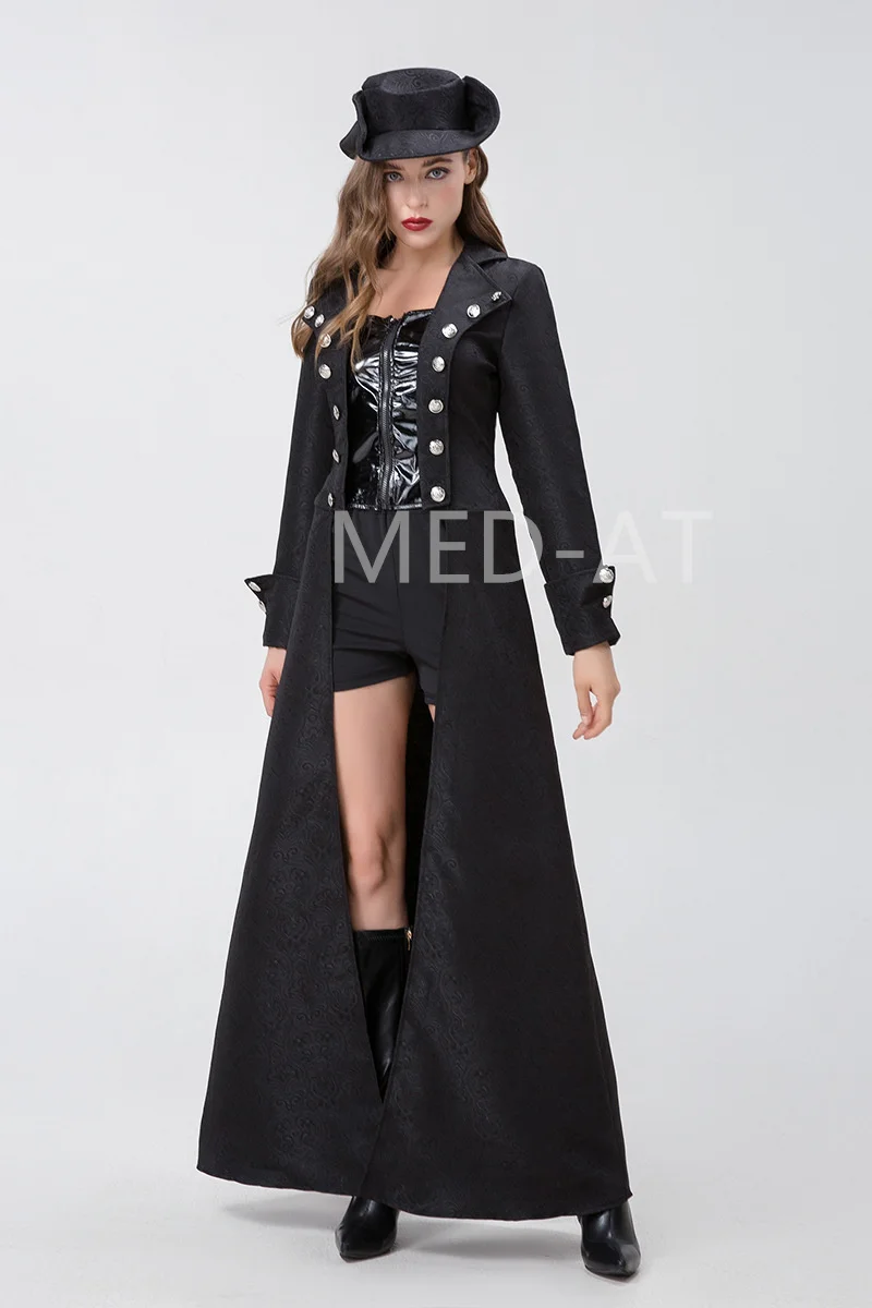 Steampunk Women Costume Set Black Double Breast Trench Coat Halloween Pirate Cosplay Medieval Ladies Swordsman Carnival Outfit