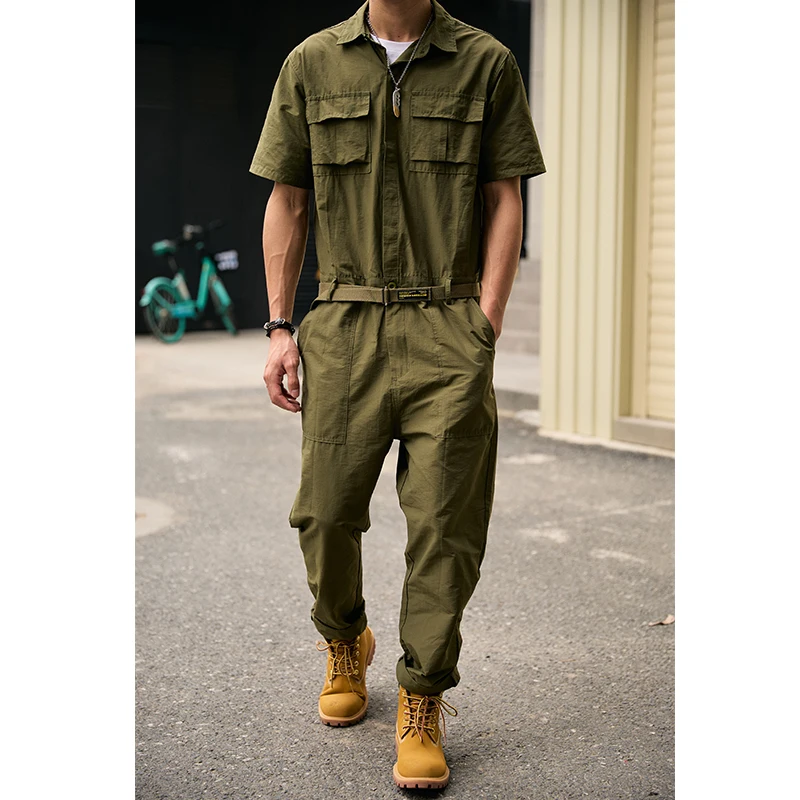 

Летний тонкий комбинезон с коротким рукавом для мужчин: повседневный рабочий костюм, свободный крой, длинные брюки, молодежный стиль, однотонный, модный