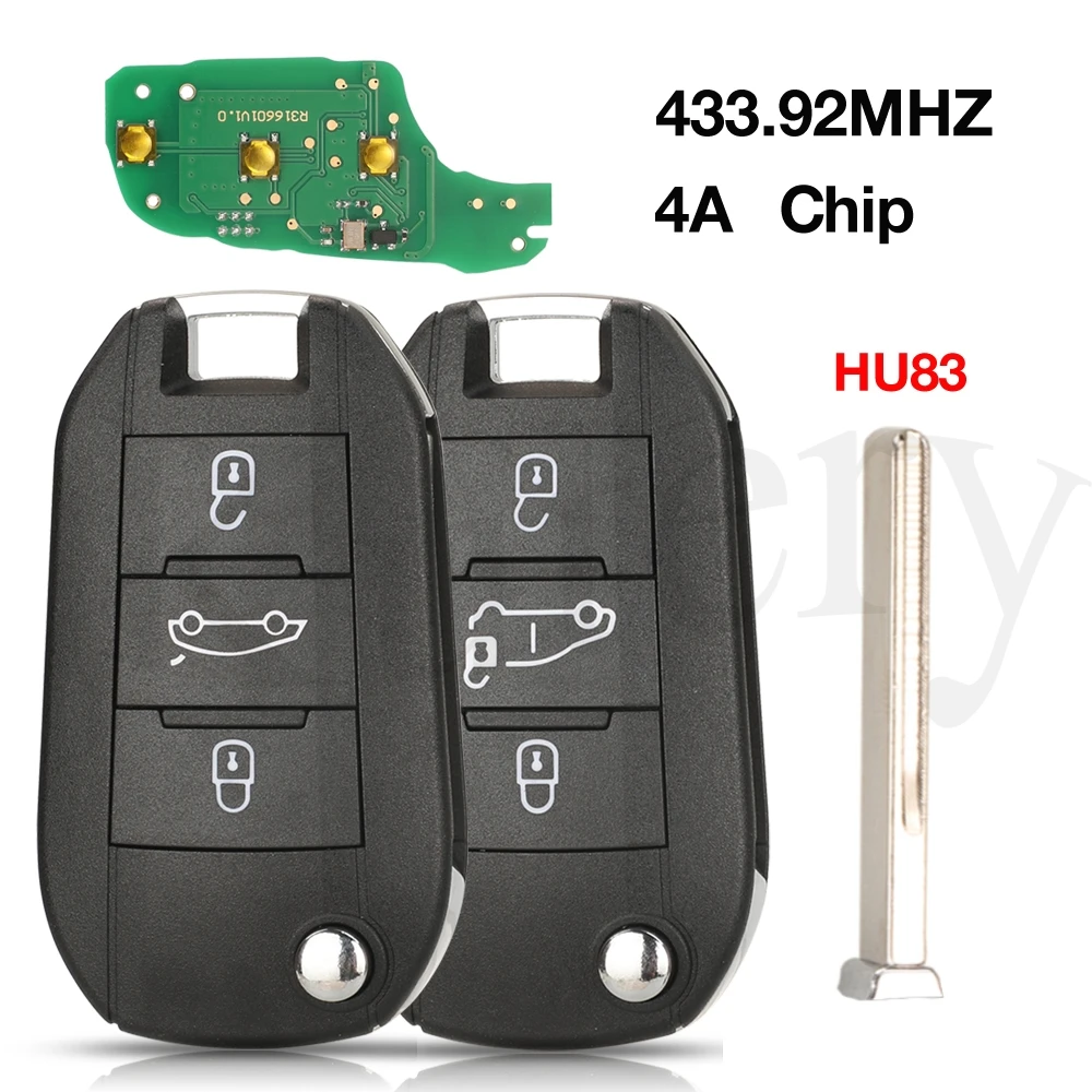 

jingyuqin 4A AES Chip 433.92MHZ FSK Folding Remote Car Key For Peugeot 208 2008 308 508 Citroen C3 C4 C5 Uncut HU83 Blade