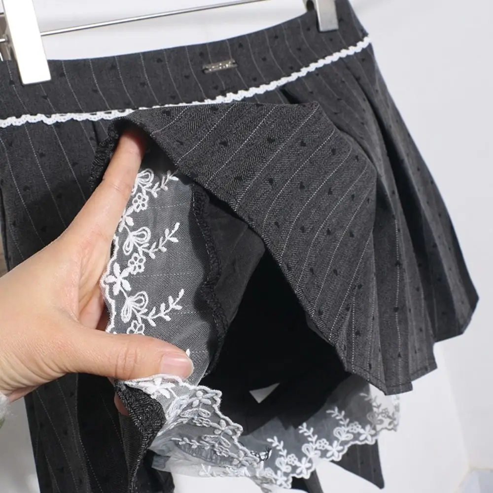 

Cute Heart Lace Pleated Skirt Dots Sweet Short Skirt Women Large Bow High Waist A-Line Mini Skirt Women