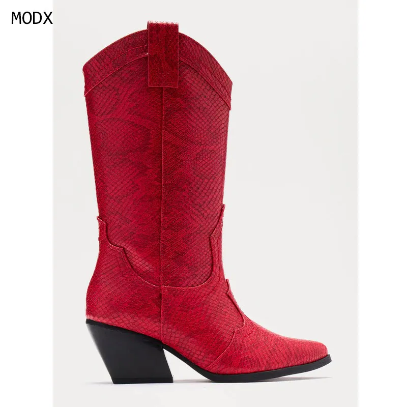 

2025 New Snake Red Pu Cowboy Boots for Women Pointed Toe Mid-Calf Chunky Heel Boot Female Autumn Winter Shoes 44