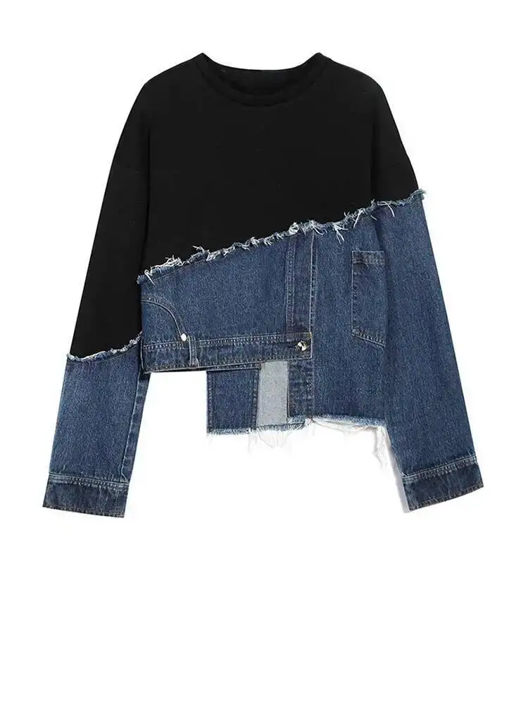 Burr Denim Loose Fit Split Asymmetrical Sweatshirt New Round Neck Long Sleeve Women Big Size Fashion Spring 2026 1TC3S