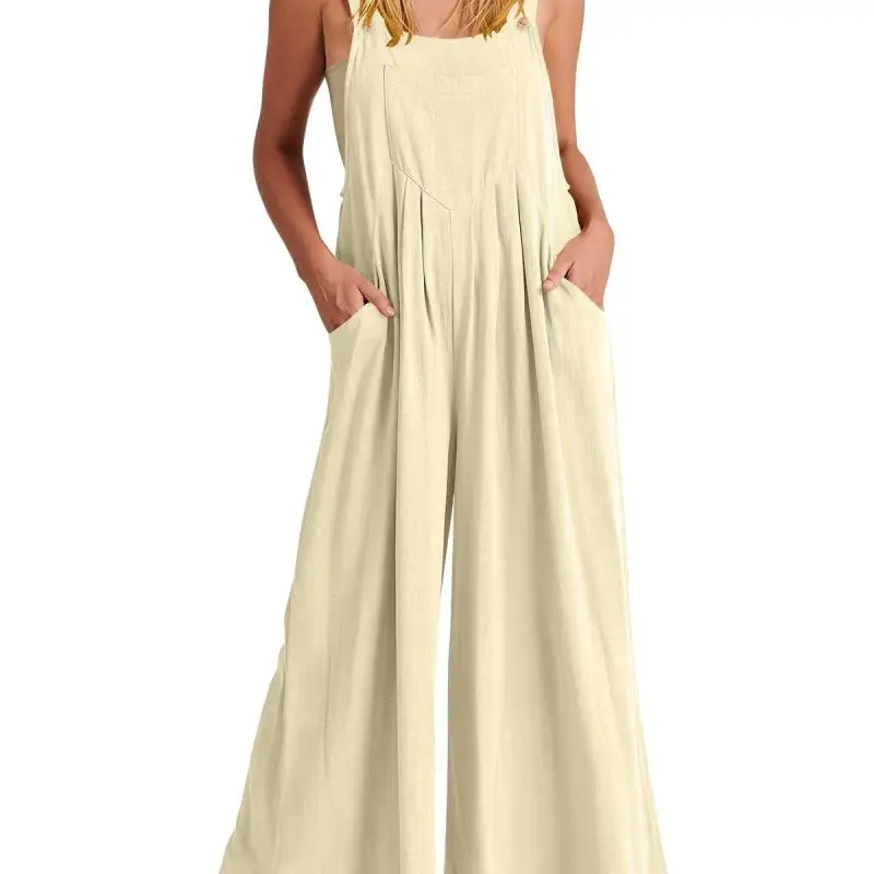 

Women's Sleeveless Wide Leg Jumpsuit with Pockets Women Jumpsuit Wide Leg Pants Pockets Loose Pure Color Summer Beachwear