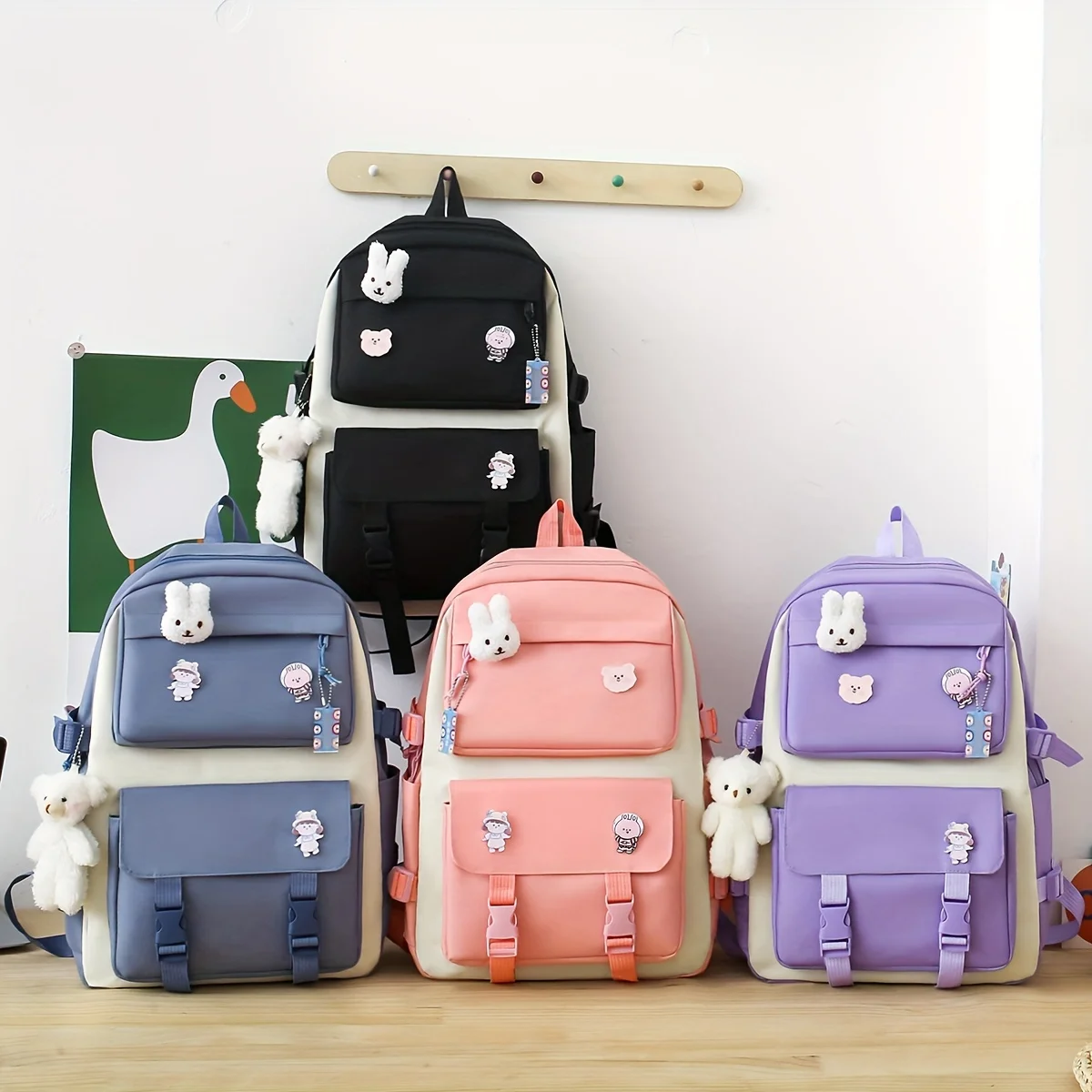 Five-piece set of casual backpacks, japanese style ins, simple and versatile college student schoolbags, female high school students, junior high