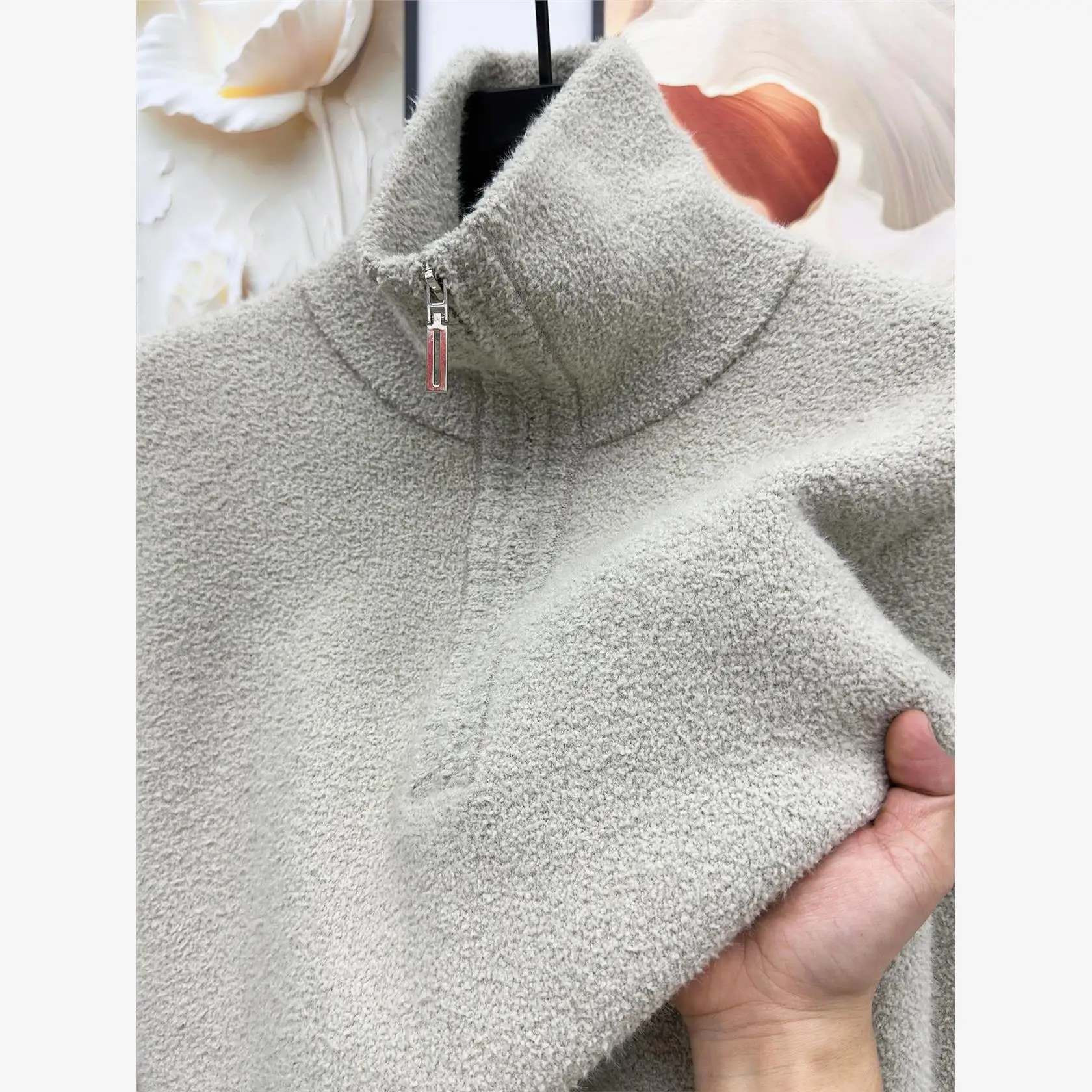 

Men's High Collar Knitted Sweater Thiened Long Sve Lamb Velvet Luxury f Zipper Pure Color Boting irt Ciwalk